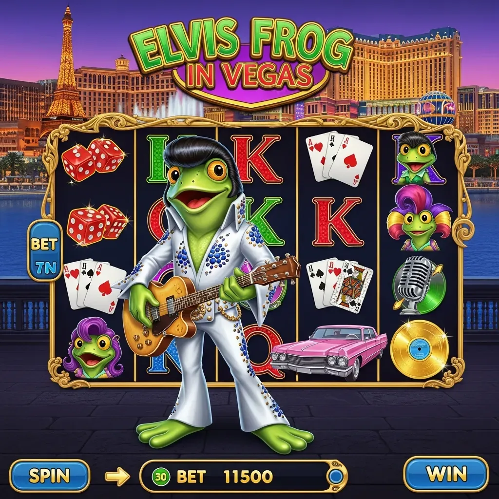 Elvis Frog in Vegas Cartoon frog dressed as Elvis plays guitar on a Vegas slot game